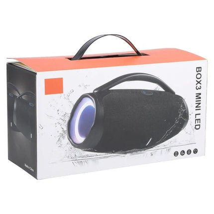BOX3 Mini Bluetooth Speaker For Everyday Portable Use shown in splashproof black design with carry handle and LED light