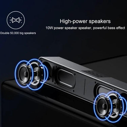 LEERFEI Compact Bluetooth Speaker For Home And Travel showing dual high-power drivers and bass ports in aluminum body