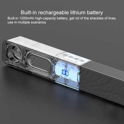 LEERFEI Compact Bluetooth Speaker For Home And Travel showing transparent aluminum body, control buttons and digital display