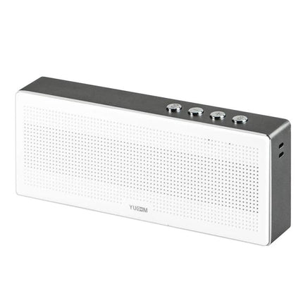 Compact Portable Bluetooth Speaker For Everyday Music shown in white rectangular design with buttons, mic, AUX and Bluetooth pairing