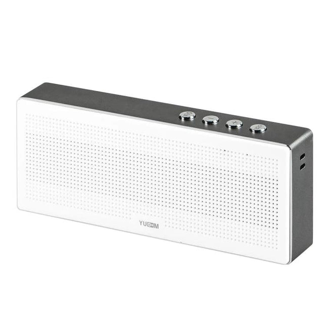 Compact Portable Bluetooth Speaker For Everyday Music shown in white rectangular design with buttons, mic, AUX and Bluetooth pairing