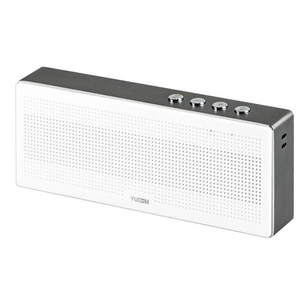 Compact Portable Bluetooth Speaker For Everyday Music white rectangular speaker with buttons microphone and AUX input