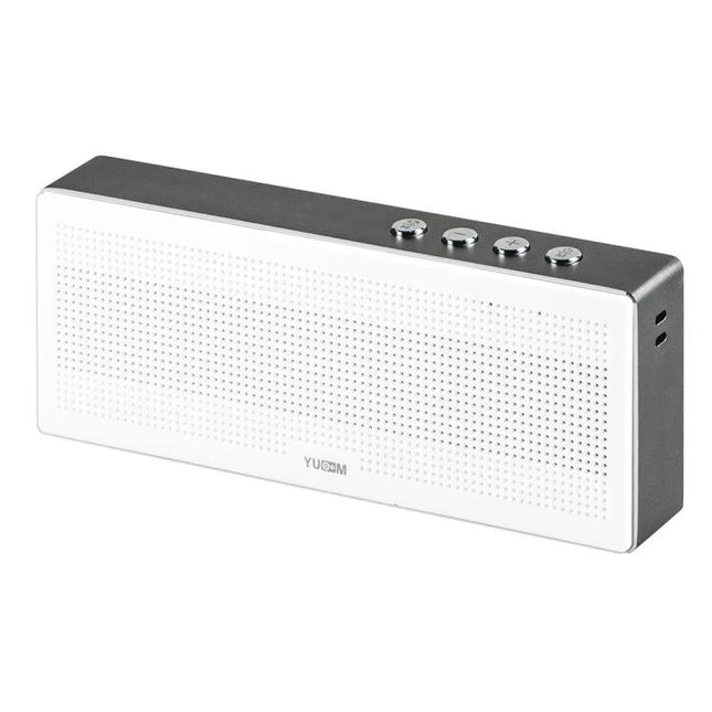 Compact Portable Bluetooth Speaker For Everyday Music white rectangular speaker with buttons microphone and AUX input