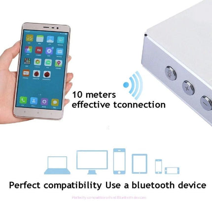 Compact Portable Bluetooth Speaker For Everyday Music showing smartphone pairing, 10m range, AUX input, mic and controls