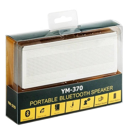 Compact Portable Bluetooth Speaker For Everyday Music white portable speaker in retail packaging showing controls and AUX icon
