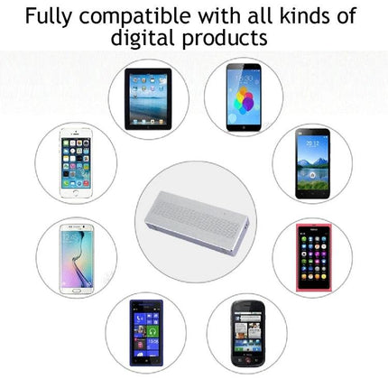 Compact Portable Bluetooth Speaker For Everyday Music shown with various smartphones and tablets, highlighting universal compatibility