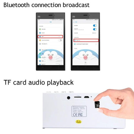 Compact Portable Bluetooth Speaker For Everyday Music showing phone pairing screens and TF card slot with hand inserting card