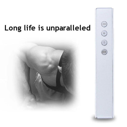 Compact Portable Bluetooth Speaker For Everyday Music slim white speaker with volume controls and long-life battery icon, ideal for workouts