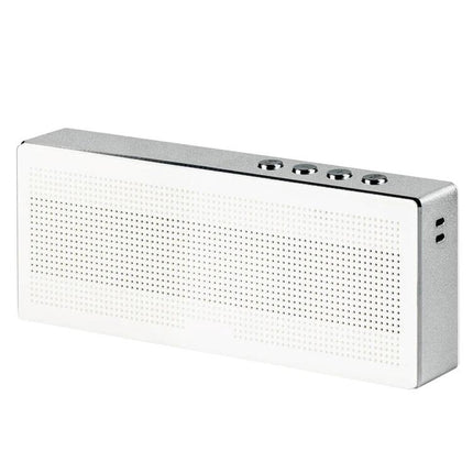Compact Portable Bluetooth Speaker For Everyday Music with built-in mic, AUX input, volume and track controls, white rectangular design