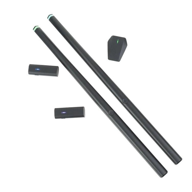 Hyperdrum Virtual Drum Kit for Everyday Music Practice at Home — compact black electronic drumsticks and sensors for quiet home practice