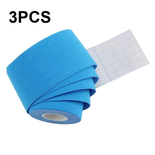 Muscle Tape Physiotherapy Sports Tape Knee Support 2.5cm x 5m blue cotton roll showing adhesive backing for athletic knee support