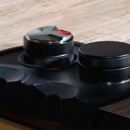 Macaron Stainless Steel Powder Filling Device For Macarons shown on a black tray with stainless anodized adjustable powder press, ideal for home bakers