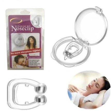 Magnetic Anti Snore Nose Clip Sleep Aid For Snoring Relief - clear silicone nose clip with magnet, case and user sleeping, drug-free snoring aid
