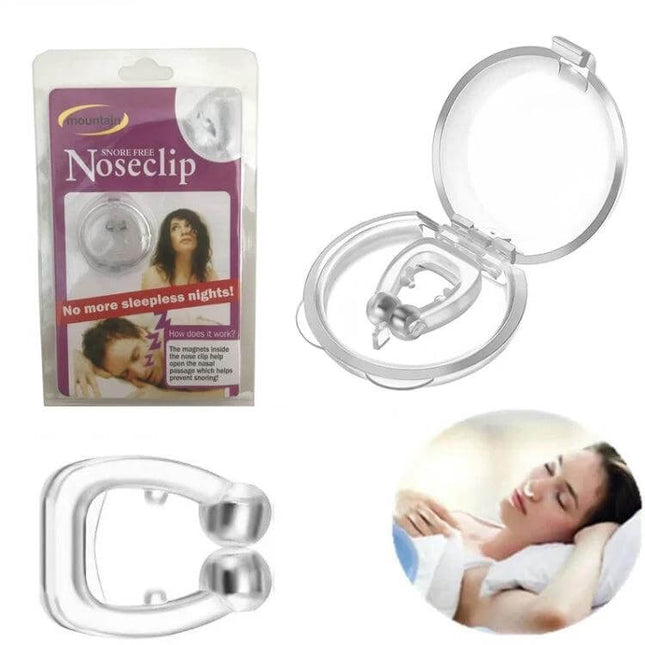 Magnetic Anti Snore Nose Clip Sleep Aid For Snoring Relief - clear silicone nose clip with magnet, case and user sleeping, drug-free snoring aid