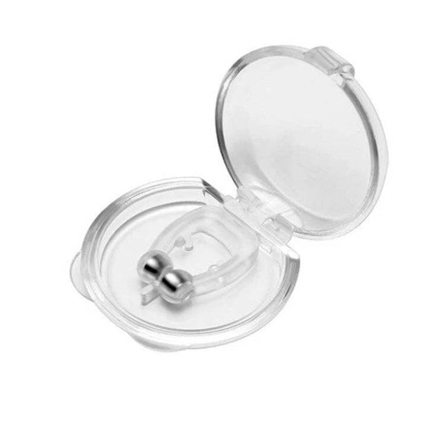 Magnetic Anti Snore Nose Clip Sleep Aid For Snoring Relief — clear silicone nasal clip with small magnets in travel storage case