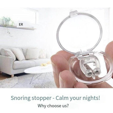 Magnetic Anti Snore Nose Clip Sleep Aid For Snoring Relief - clear silicone nasal clip with magnet in compact case shown in living room