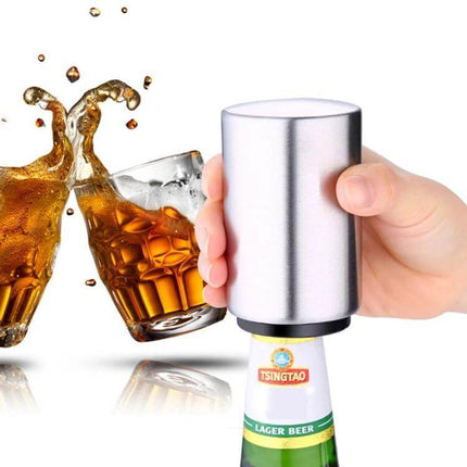 Magnetic Automatic Beer Bottle Opener Stainless Steel held over bottle with magnet catching cap for quick bar service