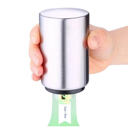 Magnetic Automatic Beer Bottle Opener Stainless Steel held over a bottle showing magnet cap catch for fast bar and home use