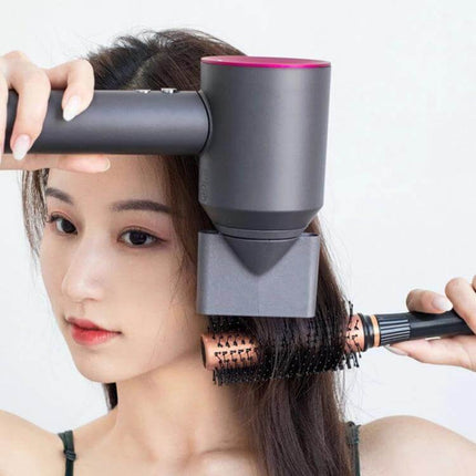 Hair Dryer Nozzle Attachment Magnetic Wide Flow For Styling on Dyson-style dryer shaping bangs and smoothing lengths with round brush
