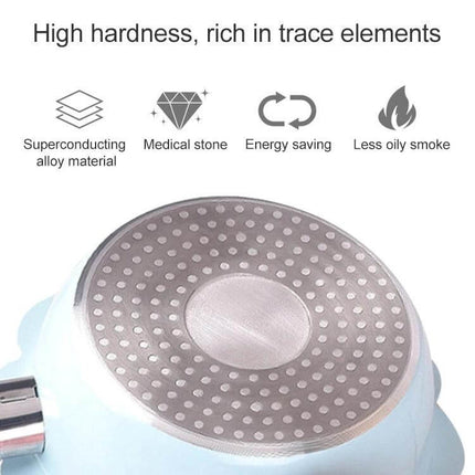Maifan Stone Baby Milk Pan With Lid For Easy Baby Meals - close-up of pan base showing superconducting alloy, medical stone coating, energy saving and less oily smoke icons