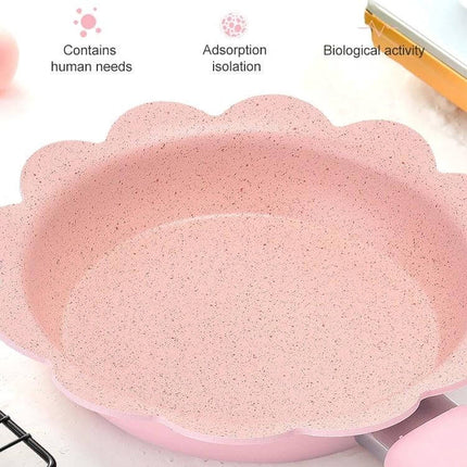 Maifan Stone Baby Milk Pan With Lid For Easy Baby Meals pink flower-shaped nonstick baby milk pan set close-up