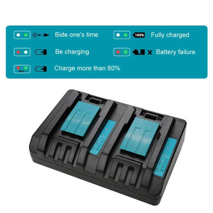 Makita Dual Charger For 14.4-18V Li-Ion Batteries With Multi-Region Plugs showing dual-slot charger with indicator lights and multi-region plug compatibility