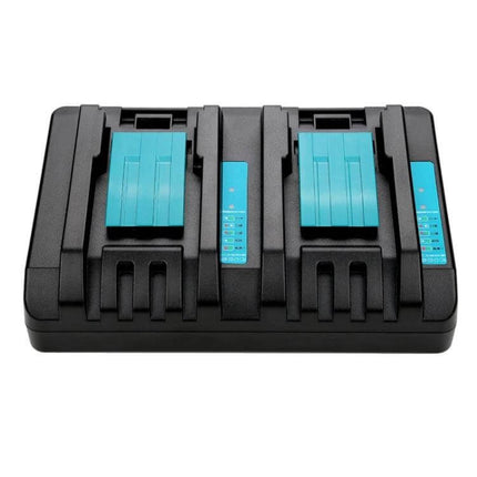 Makita Dual Charger For 14.4-18V Li-Ion Batteries With Multi-Region Plugs showing dual charging bays and multi-region plug compatibility