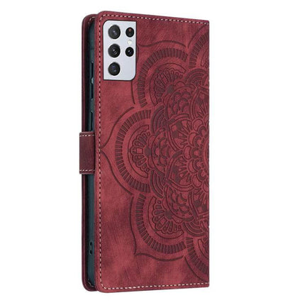 Mandala Embossed Retro Frosted Leather Phone Case With Card Slot in burgundy with mandala embossing, card slots and TPU corner protection