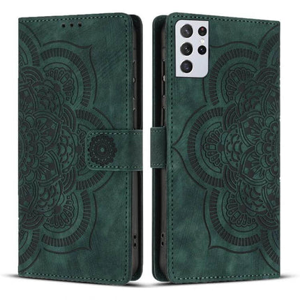 Mandala Embossed Retro Frosted Leather Phone Case With Card Slot in green wallet style with TPU corners and embossed mandala