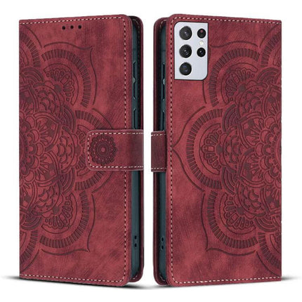 Mandala Embossed Retro Frosted Leather Phone Case With Card Slot in red PU leather with mandala embossing, TPU corners and card slots