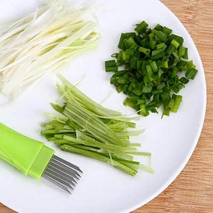 Manual Green Onion Slicer With Stainless Steel Blade For Quick Prep on plate with chopped scallions and protective cover