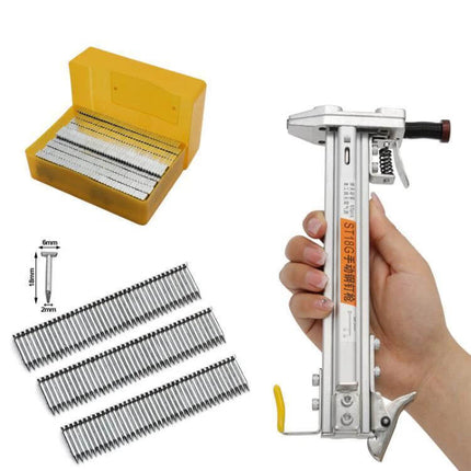 Manual Wire Trough Nail Tool for Cement Walls and Wood with alloy steel head, aluminum body and tungsten pin in hand and box of nails