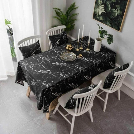Marble Pattern Tablecloth For Dining And Home Use, Cotton Linen - Black Marble Rectangular Cotton Linen Tablecloth on Dining Table