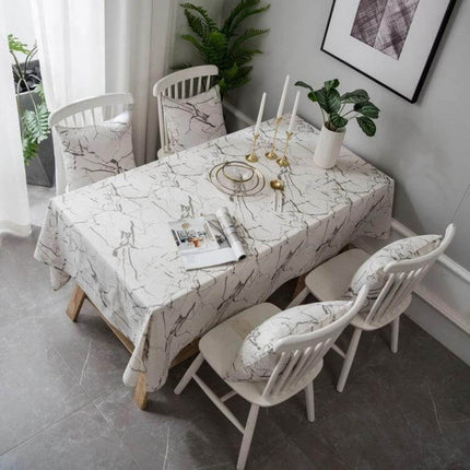 Marble Pattern Tablecloth For Dining And Home Use, Cotton Linen on rectangular dining table with marble print, soft cotton-linen blend, neutral decor