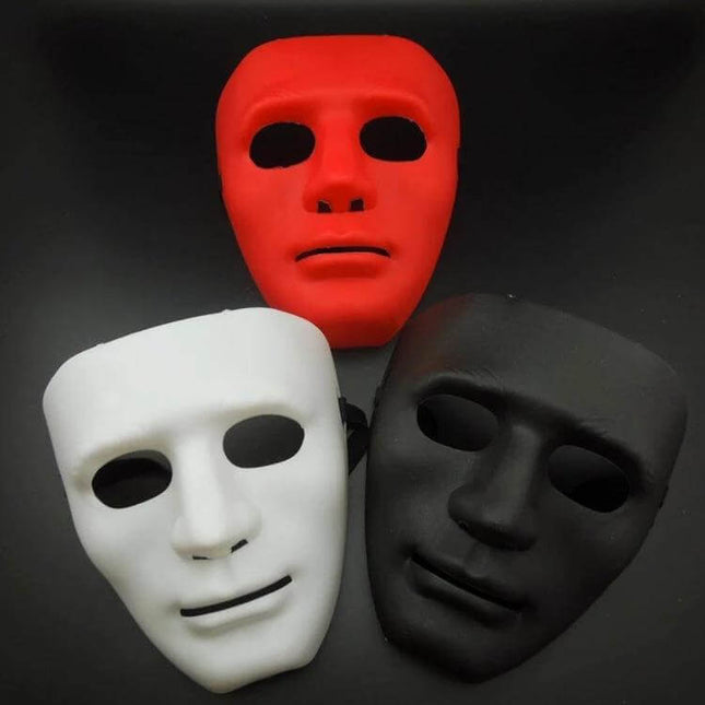 Masquerade Mask 18-19cm Halloween Festival Dress Up - three sculpted Jabbawockeez-style face masks in red white and black for parties and cosplay