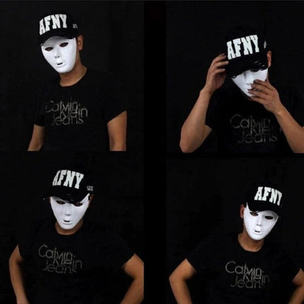 Masquerade Mask 18-19cm Halloween Festival Dress Up - white sculpted Jabbawockeez-style mask worn with black AFNY cap for parties and cosplay