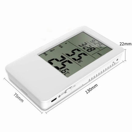 MC501 Adjustable Indoor Thermometer Hygrometer For Home Or Office Use white compact desk hygrometer with large digital display showing temperature and humidity