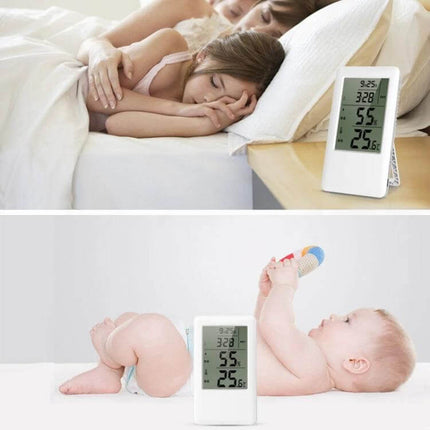 MC501 Adjustable Indoor Thermometer Hygrometer For Home Or Office Use on bedside table showing temperature and humidity near sleeping family and baby