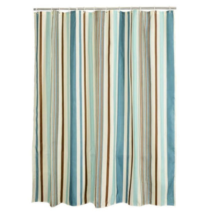 Mediterranean Stripe Vertical Waterproof Shower Curtain in blue and beige stripes, polyester waterproof fabric, satin finish
