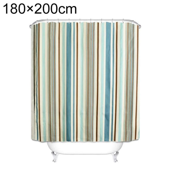 Mediterranean Stripe Vertical Waterproof Shower Curtain showing blue, teal, beige and brown vertical stripes on waterproof satin polyester fabric