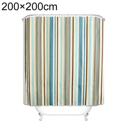 Mediterranean Stripe Vertical Waterproof Shower Curtain in blue, teal and brown vertical stripes over clawfoot tub, 200×200cm waterproof polyester