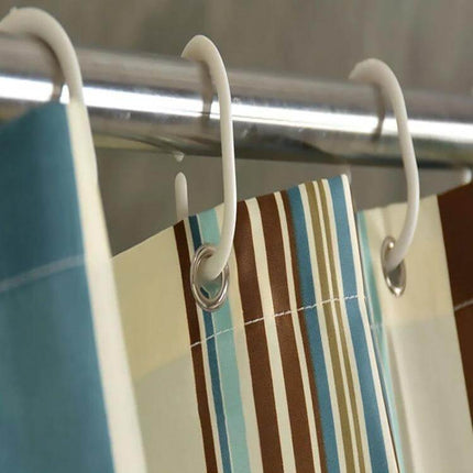 Mediterranean Stripe Vertical Waterproof Shower Curtain close-up showing vertical blue and brown stripes, waterproof polyester fabric and metal grommets
