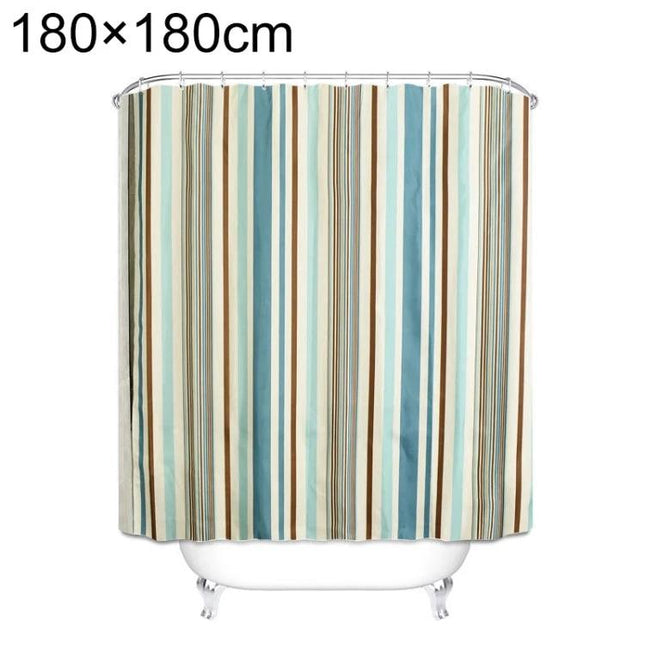 Mediterranean Stripe Vertical Waterproof Shower Curtain in blue, teal, brown vertical stripes hanging around clawfoot tub, 180×180cm waterproof polyester