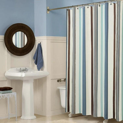 Mediterranean Stripe Vertical Waterproof Shower Curtain in blue and brown vertical stripes hanging in a coastal-style bathroom