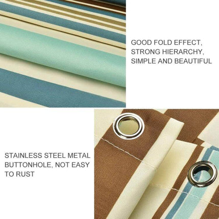 Mediterranean Stripe Vertical Waterproof Shower Curtain in close-up showing stripe pattern, satin polyester texture and stainless steel grommets