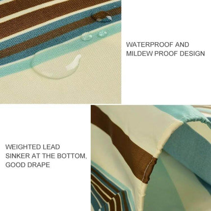 Mediterranean Stripe Vertical Waterproof Shower Curtain close-up showing waterproof fabric, mildew-proof finish and weighted lead sinker for good drape