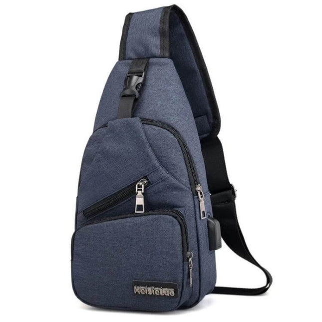 MeiJieLuo Simple Men Chest Bag For Everyday Lightweight Carry navy compact sling with USB port and multiple zip pockets