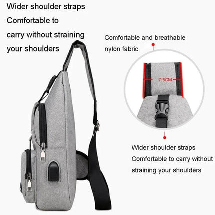 MeiJieLuo Simple Men Chest Bag For Everyday Lightweight Carry gray sling chest bag side view with wider shoulder straps and external USB port