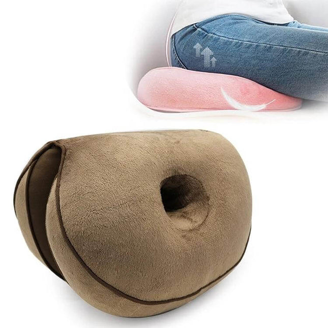 Memory Foam Hip Lift Seat Cushion For Comfortable Everyday Sitting - brown double O-shaped memory foam cushion with hollow and V support for upright posture