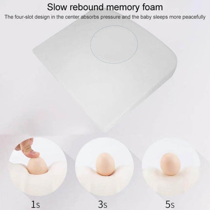 Memory Foam Infant Nursing Pillow Crystal Soft Gray showing slow-rebound memory foam core with egg indentation demo (1s, 3s, 5s)